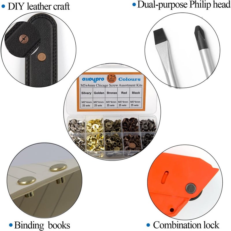 ALLOYPRO 125 Sets Chicago Screws Assorted Kit 5 Color Leather Rivets Screw Rivets Flat Fillister Book Binding Posts Nail Rivet Chicago Bolts for DIY Leather Craft Black Silver Golden Bronze (Colours 5×4mm) - Image 4
